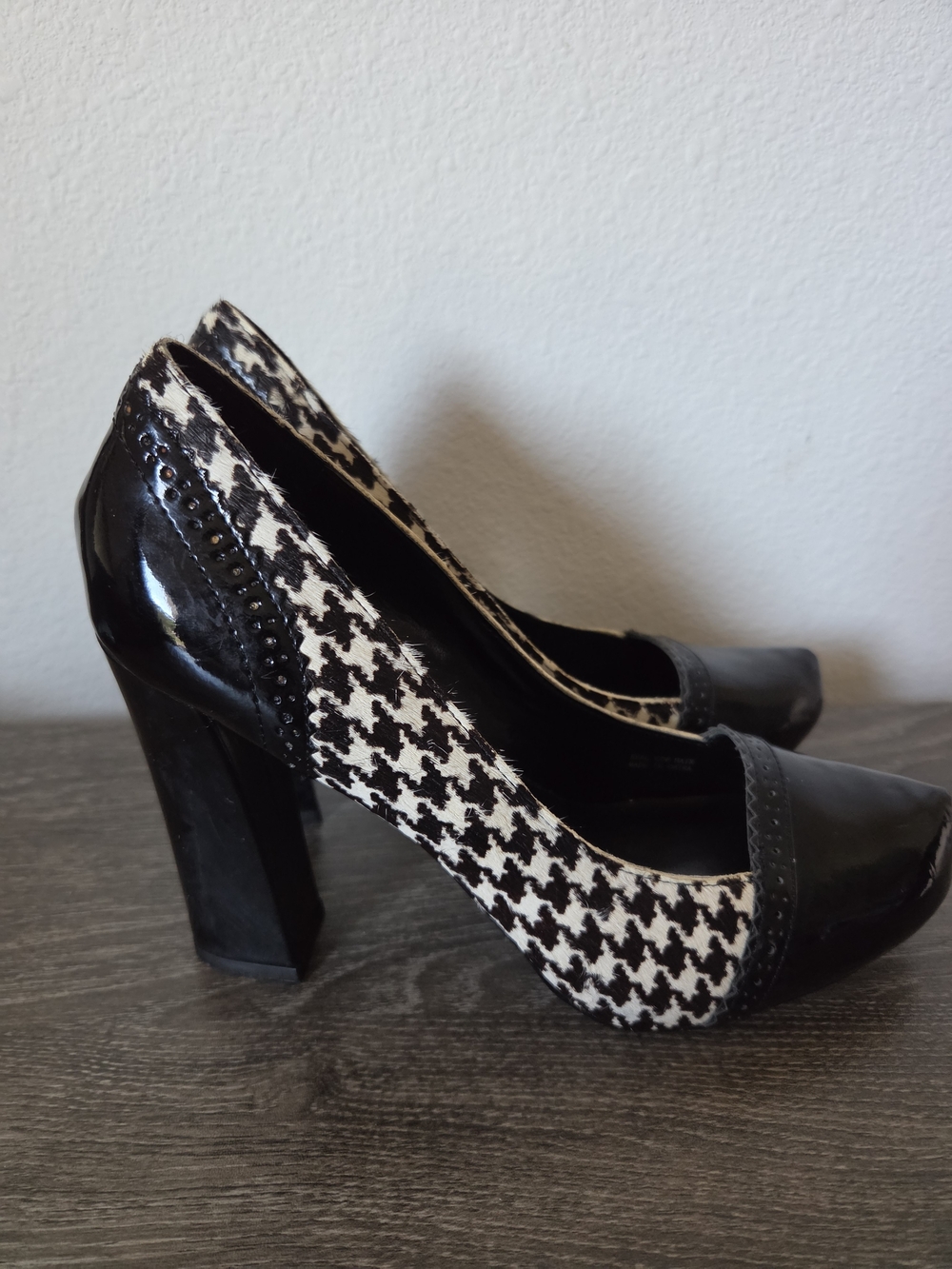 Tahari Black and White Houndstooth Block Heel Pumps